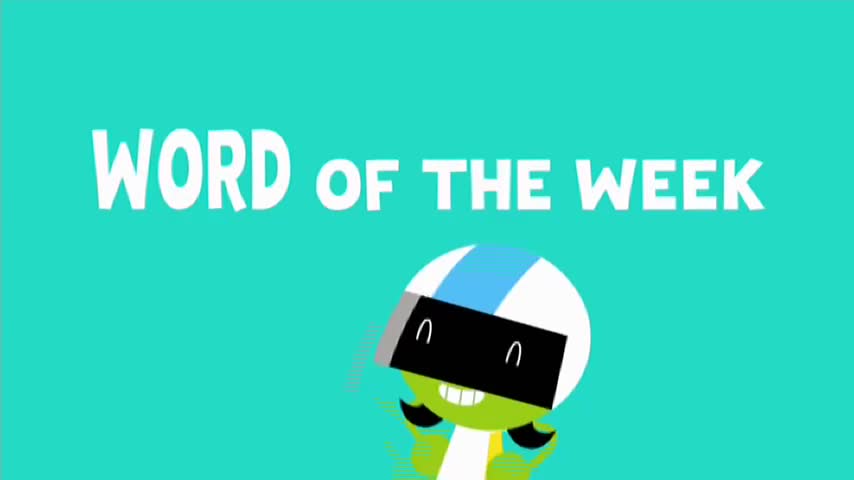 The words "WORD OF THE WEEK" flash across the screen. A cartoon character with a helmet and a wide grin peeks out from below.