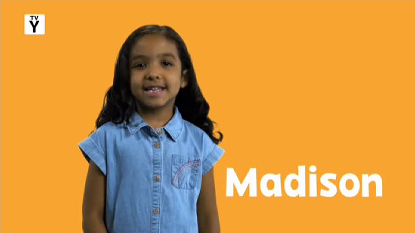 A young girl with long, dark hair stands smiling in a blue denim shirt. Her name, "Madison," appears in large white letters to her right.