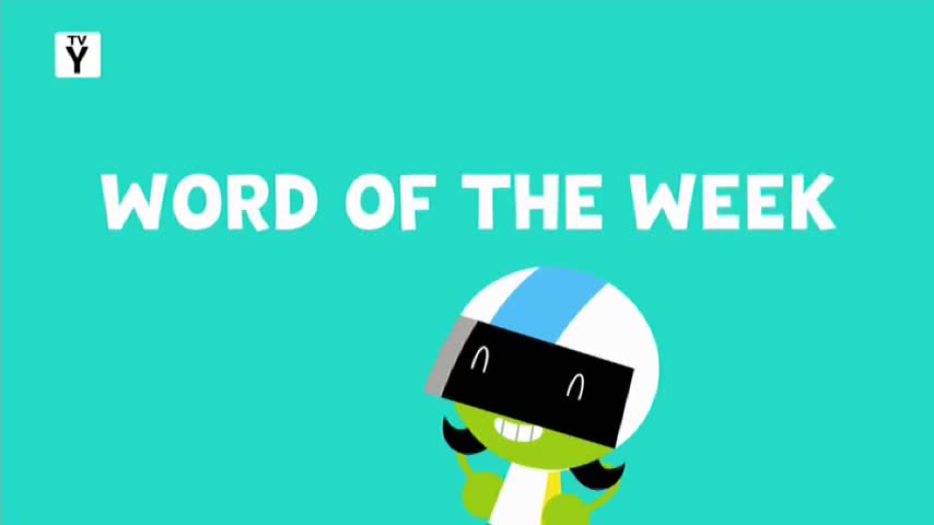 The words "WORD OF THE WEEK" flash across the screen. A cartoon character wearing a helmet grins widely.