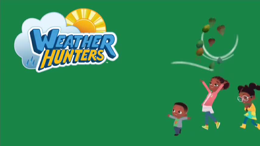 Three kids are running across a green field. Above them, a whirlwind of leaves swirls around. The "Weather Hunters" logo is on the left.