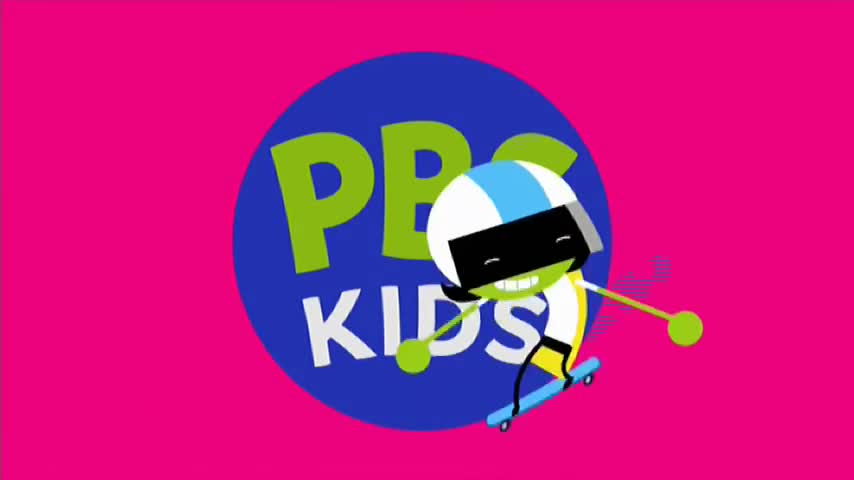A cartoon character on a skateboard zooms past the PBS Kids logo. The bright pink background makes the blue circle and green letters pop.