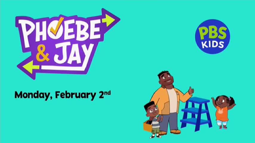 A family stands near a blue step stool, looking up. The "Phoebe & Jay" logo, with a yellow checkmark on the 'O', is prominent.