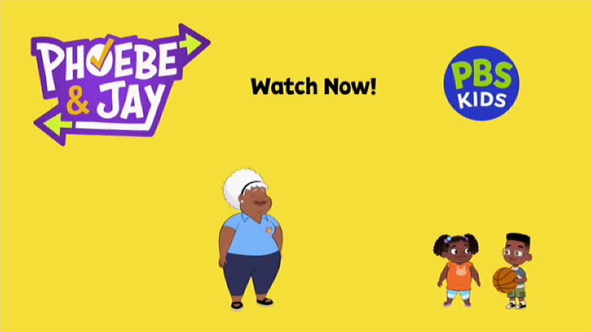 A cartoon woman stands with her hands clasped, while a boy holds a basketball next to a girl. The "Phoebe & Jay" logo, a PBS KIDS circle, and "Watch Now!" are displayed on a bright yellow background.