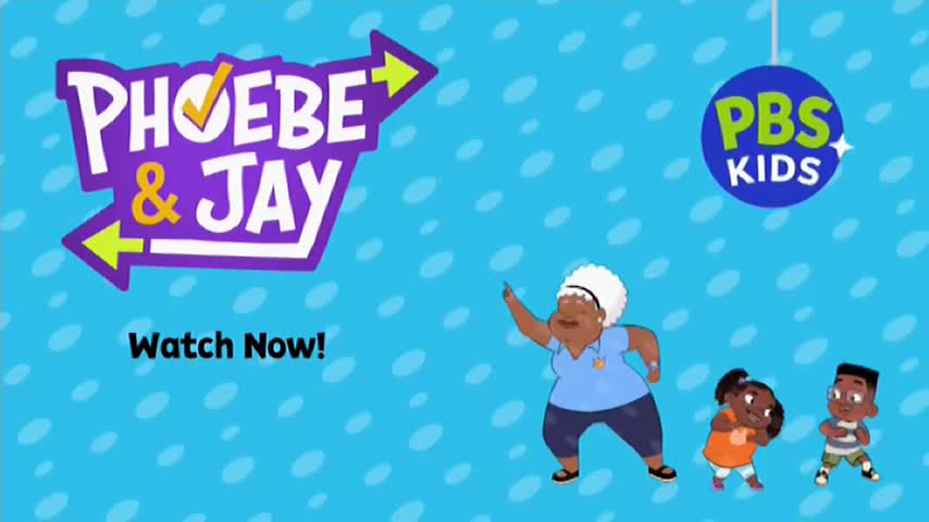 A woman with white hair points to the right, while two children, a girl in an orange shirt and a boy in a striped shirt, stand next to her. The title "Phoebe & Jay" is displayed prominently.