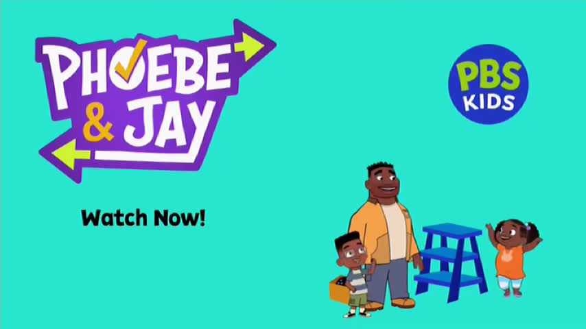 A cartoon family stands near a blue step stool. The "Phoebe & Jay" logo, a purple shape with yellow arrows, sits above the words "Watch Now!"