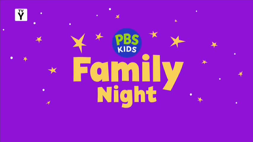 The words "Family Night" in bright yellow letters stand out against a deep purple background. Scattered yellow stars and small white dots twinkle around the text, creating a playful, starry sky effect.