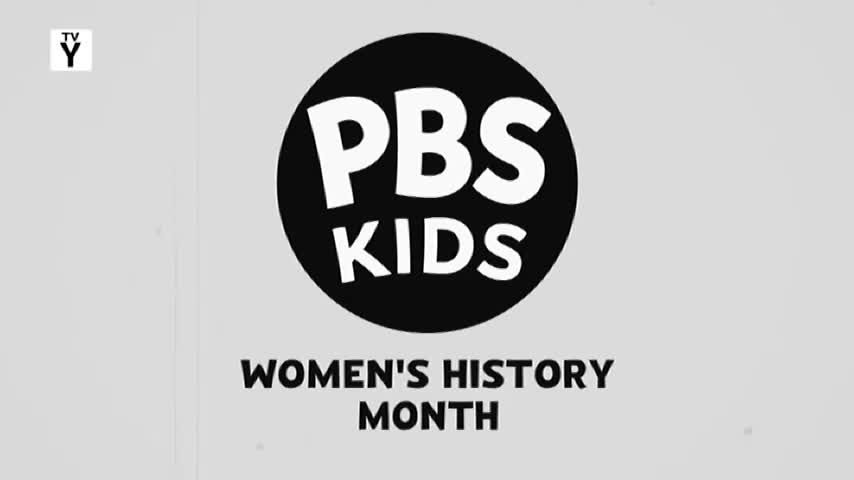 A black circle with "PBS KIDS" in white letters appears on screen. Below it, "WOMEN'S HISTORY MONTH" is written in bold, white capital letters.