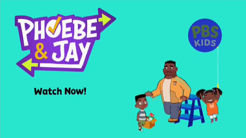 A man in an orange jacket stands over a boy with a box of toys, while a girl in an orange shirt swings from a string attached to a PBS Kids balloon. The "Phoebe & Jay" logo, a purple arrow pointing right, is prominent on the left. A man in an orange jacket stands over a boy with a box of toys, while a girl in an orange shirt swings from a string attached to a PBS Kids balloon. The "Phoebe & Jay" logo, a purple arrow pointing right, is prominent on the left.