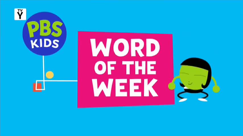 A bright pink rectangle with white text reading "WORD OF THE WEEK" floats in the centre. To its left, a blue circle with "PBS KIDS" in green and white hovers, connected by thin lines to a small orange square and yellow dot. On the right, a green cartoon character with black hair and closed eyes bounces with its arms outstretched. A bright pink rectangle with white text reading "WORD OF THE WEEK" floats in the centre. To its left, a blue circle with "PBS KIDS" in green and white hovers, connected by thin lines to a small orange square and yellow dot. On the right, a green cartoon character with black hair and closed eyes bounces with its arms outstretched.
