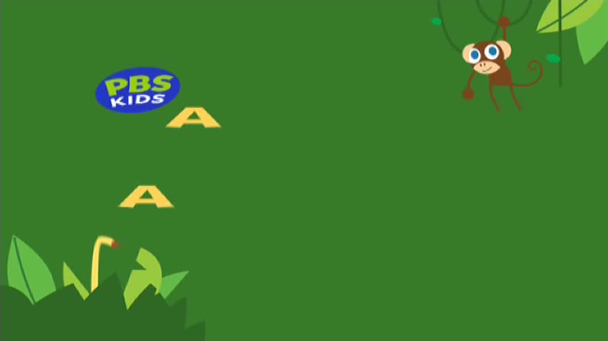 A monkey swings from vines overhead, while the PBS Kids logo floats past. Yellow letters, like falling leaves, drift down the screen.