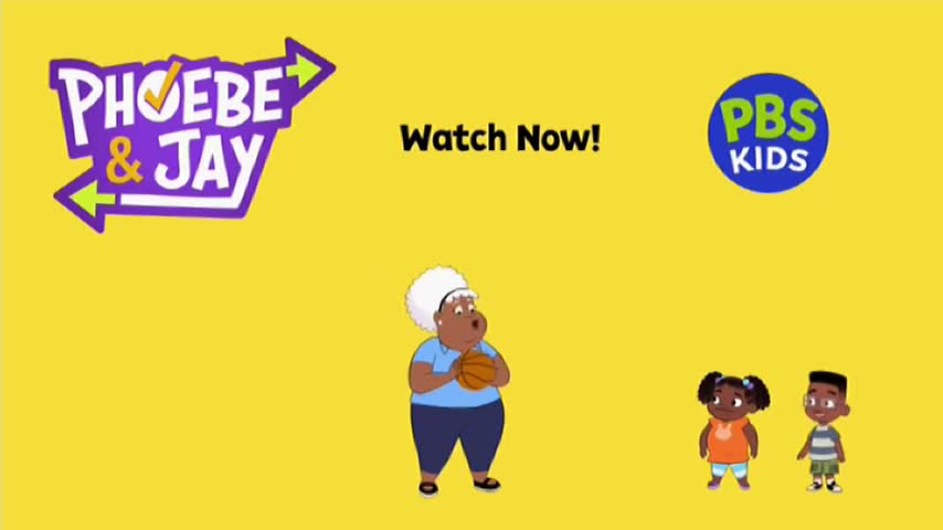 A woman with a large afro stands holding a basketball. Two children, a girl in an orange shirt and a boy in a striped shirt, stand nearby. The "Phoebe & Jay" logo and "Watch Now!" text appear on the bright yellow background.