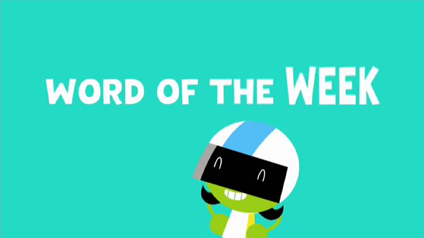 The words "WORD OF THE WEEK" flash across the screen in big white letters. Below them, a small green character with a helmet grins widely.