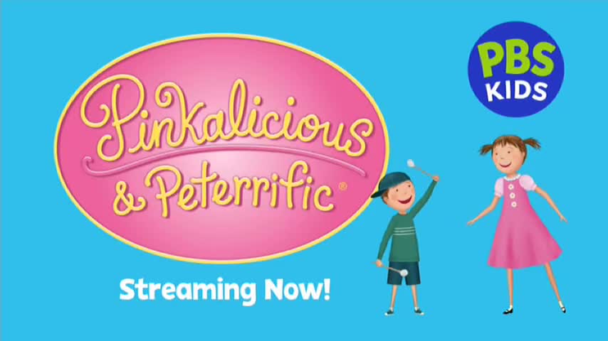 A boy in a green shirt and cap holds drumsticks aloft, ready to play. Beside him, a girl in a pink dress smiles, her arms outstretched. The "Pinkalicious & Peterrific" logo, in bubbly yellow lettering, dominates the left side of the screen, with "Streaming Now!" below it.
