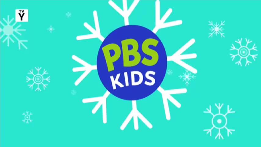A large blue circle with "PBS KIDS" in green and white letters sits at the center, surrounded by white snowflakes. The background is a bright, cool turquoise.