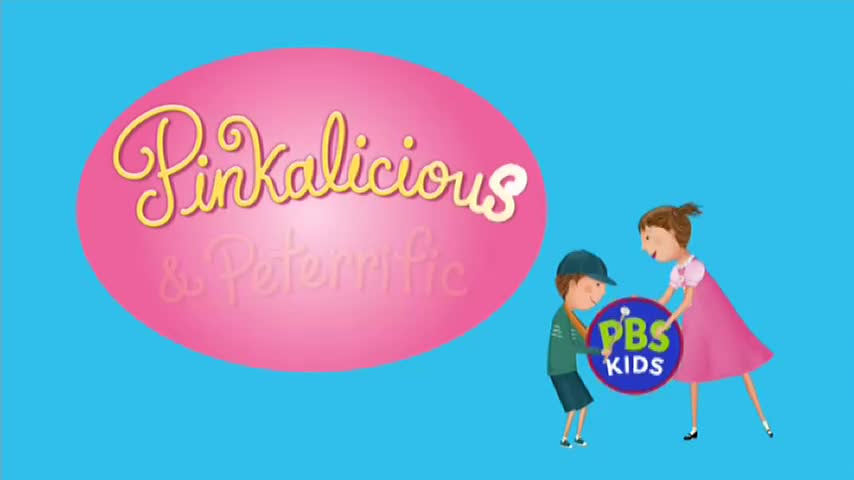 A girl in a pink dress and a boy in a blue cap are holding a circular PBS Kids logo. Behind them, a large pink oval displays the title "Pinkalicious & Peterrific" in yellow script.