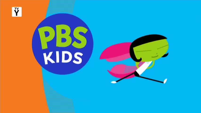 A green character with a pink cape streaks across the screen, arms outstretched. The PBS Kids logo is a blue circle with green and white lettering.