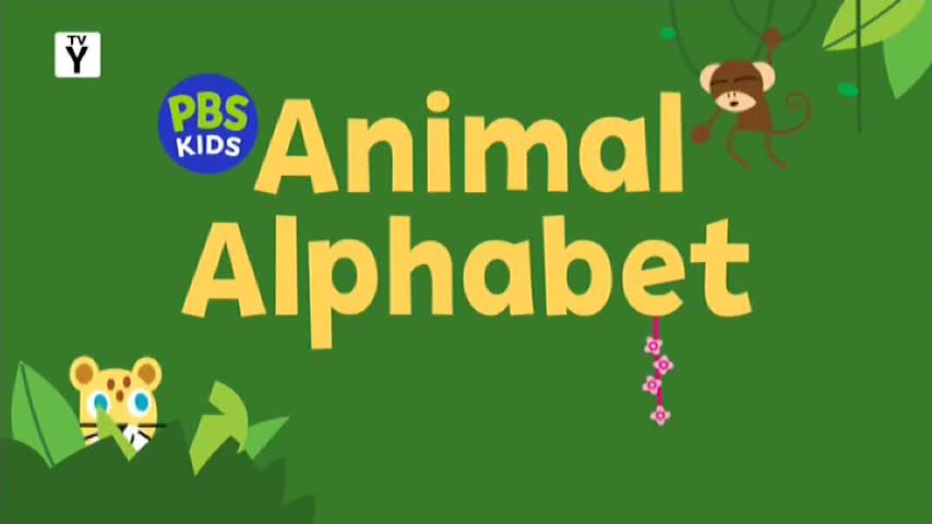 A cartoon leopard peeks out from behind green leaves, and a monkey swings from a vine above the words "Animal Alphabet." The PBS Kids logo is visible in the corner.