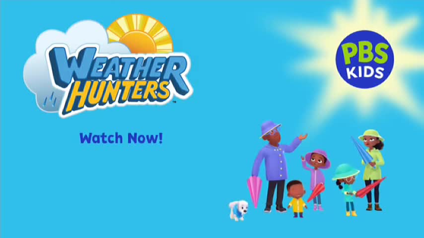 A group of kids and an adult stand under a bright sun, holding colourful umbrellas. The "Weather Hunters" logo appears above them, with a sun and clouds.