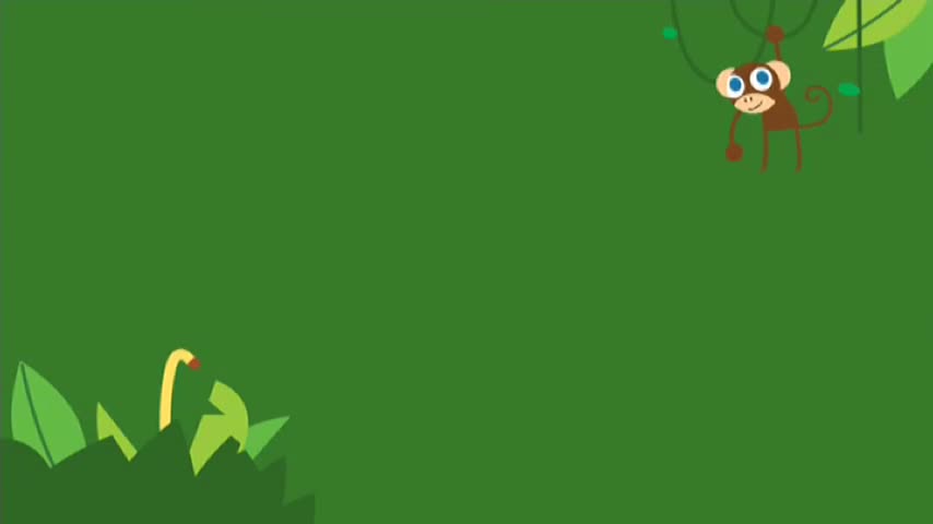 A brown monkey swings from a vine overhead, its big blue eyes taking in the jungle. Below, a yellow snake peeks out from behind some green leaves.