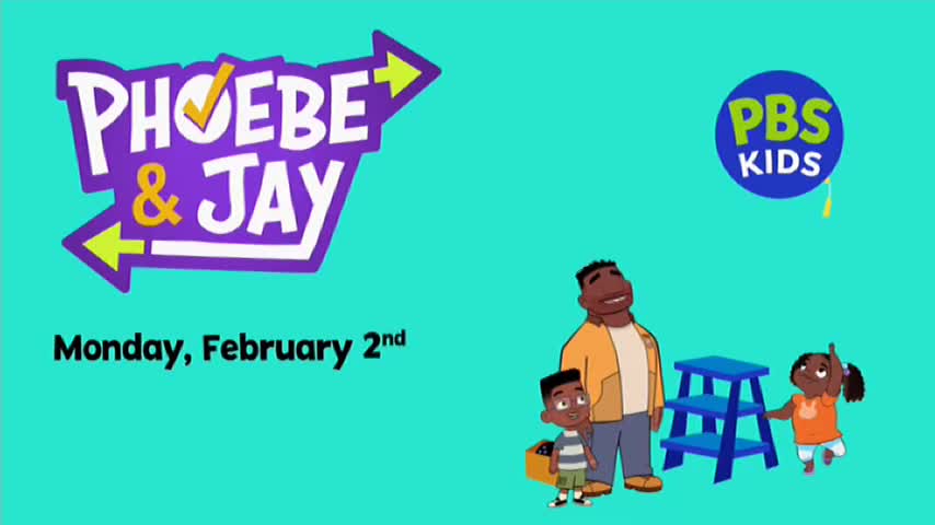 The "Phoebe & Jay" title card appears on a bright teal background, announcing Monday, February 2nd. To the right, a father stands with his two children, a boy and a girl, looking up at the PBS Kids logo.