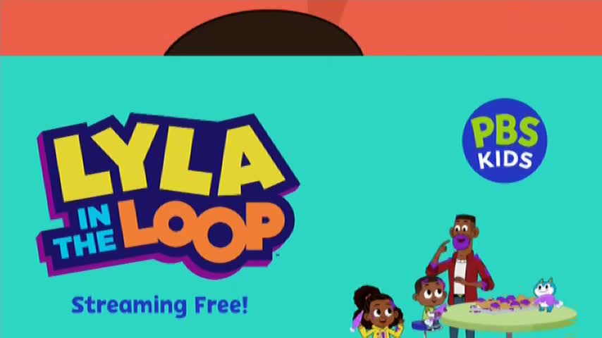 The "LYLA IN THE LOOP" logo pops with bright colours. A group of animated characters, including a man with purple on his face, gather around a table.