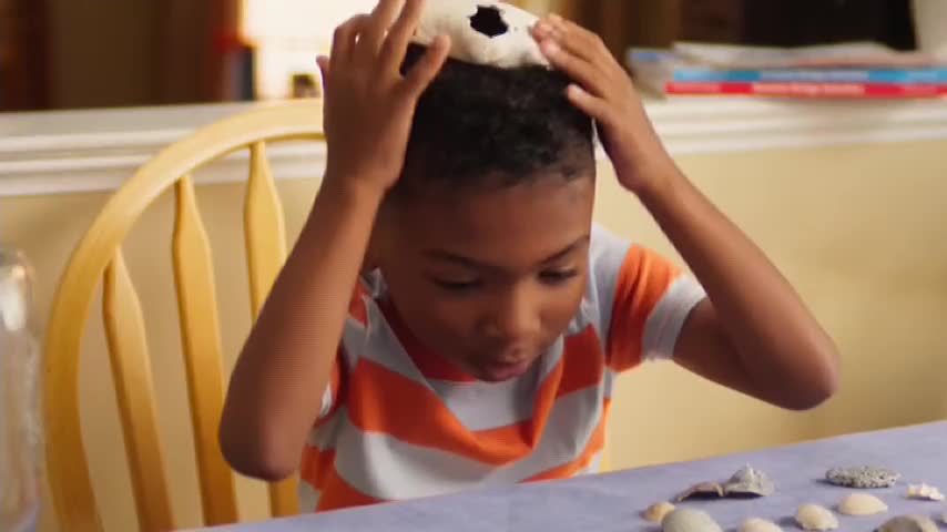 A young boy in an orange and white striped shirt places a white, hollowed-out object on his head. He peers intently at a collection of shells spread across the table.