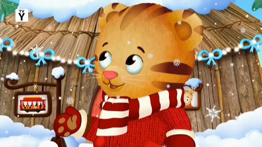 Snowflakes drift down past a tiger in a red sweater and striped scarf. A sign showing a trolley hangs nearby.
