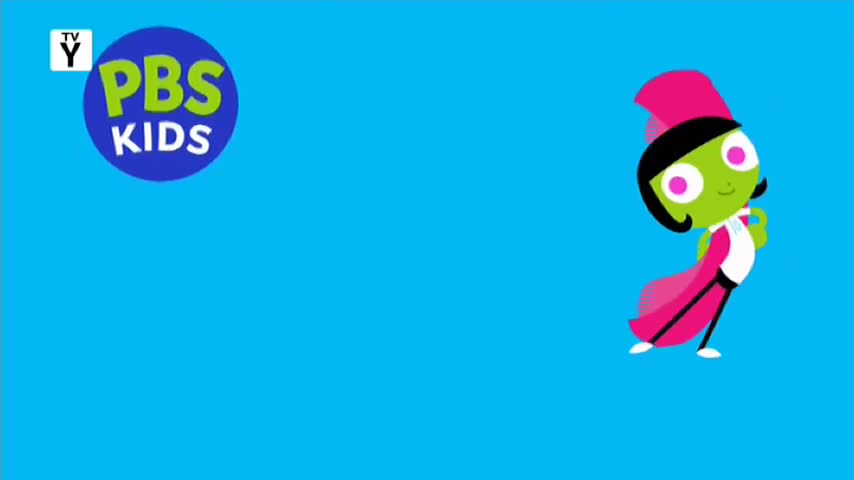 A bright green character with a pink hat and cape is striking a pose on a bright blue background. The PBS Kids logo is visible in the upper left corner.
