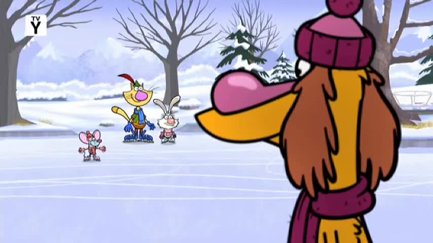 A trio of animated animals, a mouse, a cat, and a rabbit, stand on an ice rink, bundled up in winter clothes. A large, feathered character in a pink hat and scarf faces away from them, looking out at the snowy landscape. A trio of animated animals, a mouse, a cat, and a rabbit, stand on an ice rink, bundled up in winter clothes. A large, feathered character in a pink hat and scarf faces away from them, looking out at the snowy landscape.
