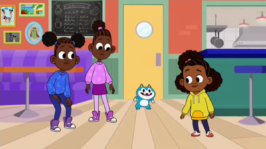 Three kids stand on a light-coloured floor in what looks like a cafe. A small, blue creature with big eyes is between them. Three kids stand on a light-coloured floor in what looks like a cafe. A small, blue creature with big eyes is between them.