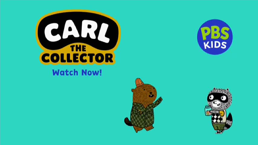 A beaver in a plaid coat and hat waves hello, while a raccoon clutches a jar. The "Carl the Collector" logo and PBS Kids branding are visible. A beaver in a plaid coat and hat waves hello, while a raccoon clutches a jar. The "Carl the Collector" logo and PBS Kids branding are visible.
