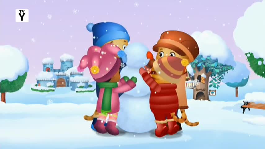 Two tiger cubs are busy building a snowman. Snowflakes drift down around them, blanketing the snowy landscape of their neighbourhood. Two tiger cubs are busy building a snowman. Snowflakes drift down around them, blanketing the snowy landscape of their neighbourhood.