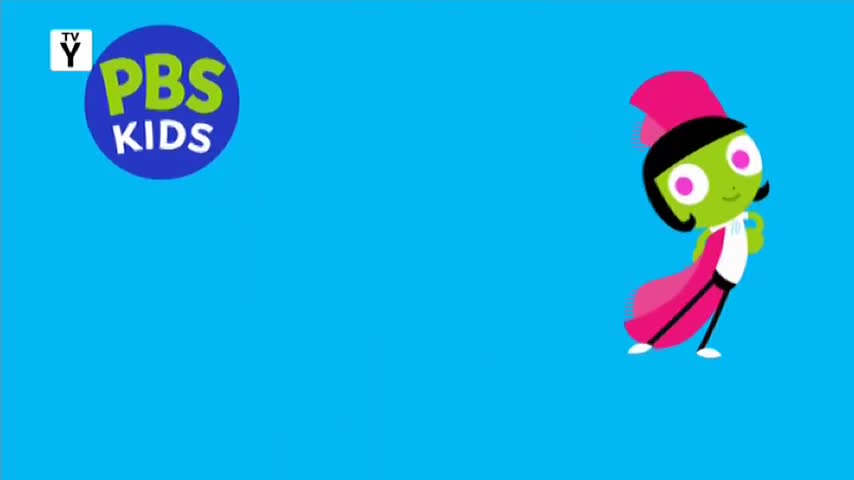 A cartoon character with bright green skin and a pink hat with a feather is posing. The PBS KIDS logo is visible in the upper left corner. A cartoon character with bright green skin and a pink hat with a feather is posing. The PBS KIDS logo is visible in the upper left corner.