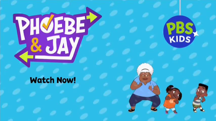 The "Phoebe & Jay" title, with a bright yellow checkmark, points right, while a green arrow points left. Three animated figures, a woman and two children, are in a playful pose on a blue background. The "Phoebe & Jay" title, with a bright yellow checkmark, points right, while a green arrow points left. Three animated figures, a woman and two children, are in a playful pose on a blue background.