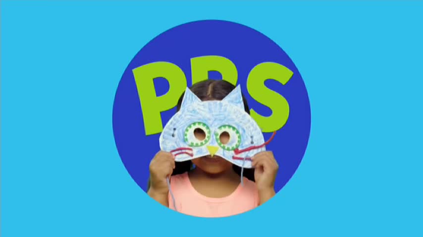 A child holds up a handmade cat mask, its big green eyes peering out. Behind them, the bright green letters of "PBS" stand out against a deep blue circle.