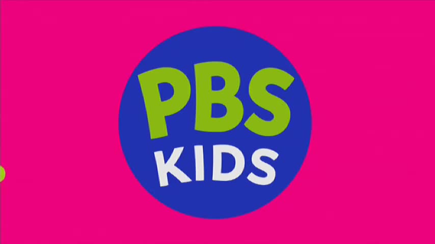 A bright pink background frames a blue circle with green "PBS" letters above white "KIDS" letters. A small green dot floats to the left of the circle.