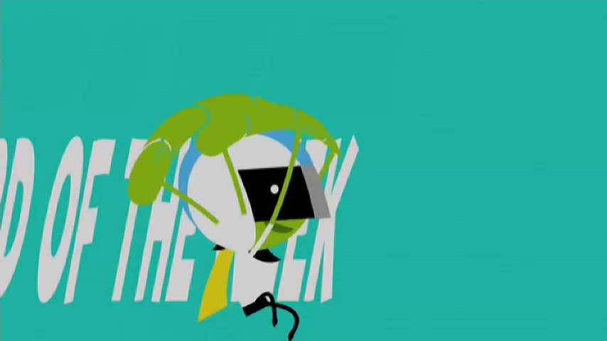 A cartoon character with a green, spiky hairdo and a black visor is leaning forward. White lettering that reads "END OF THE WEEK" stretches across the turquoise background.