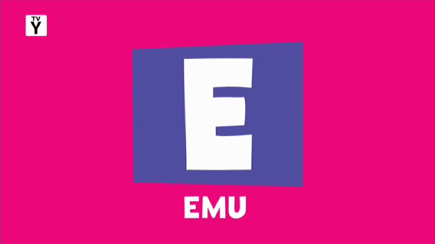 A giant white 'E' stands out against a purple rectangle, which itself is set against a bright pink background. Below the 'E', the word "EMU" is spelled out in white letters.