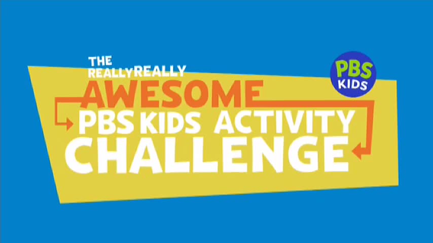 The words "THE REALLY REALLY AWESOME PBS KIDS ACTIVITY CHALLENGE" are emblazoned across a yellow banner against a bright blue background. A circular PBS KIDS logo sits in the top right corner of the banner, with an orange arrow looping around the text.