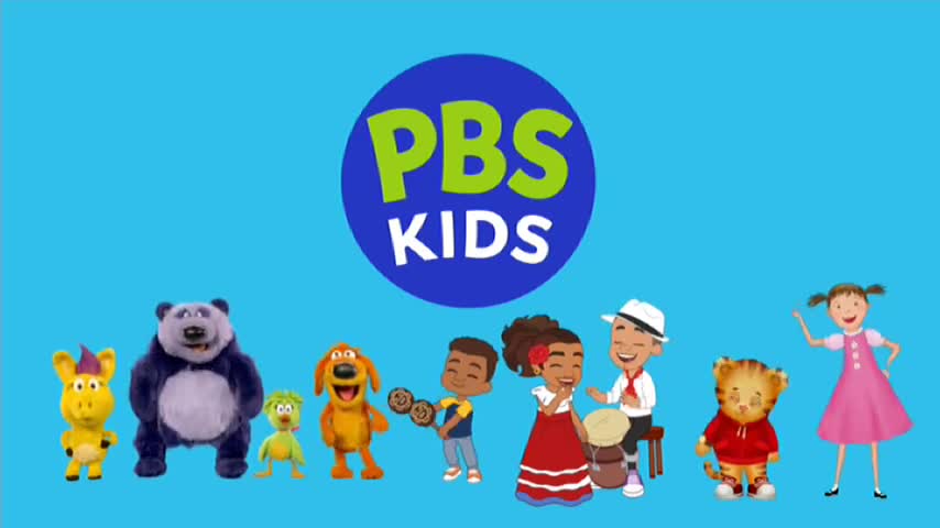 A yellow giraffe, a big blue panda, and a green bird stand in a line, followed by a happy orange dog. A boy shakes maracas, a girl in red dances, and a boy in a white hat plays a drum. Daniel Tiger and a girl in a pink dress complete the lineup.