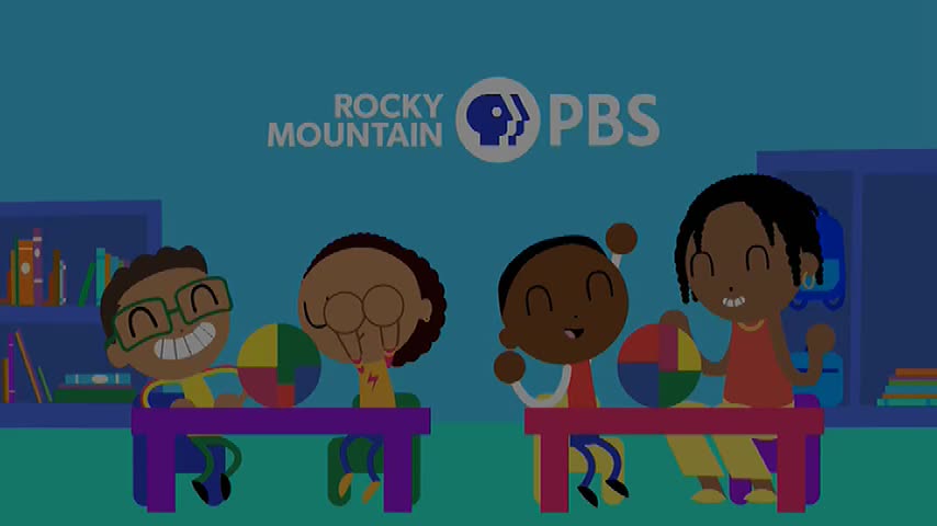 Four kids are sitting at tables, each holding a colourful ball. The PBS logo is visible above them.