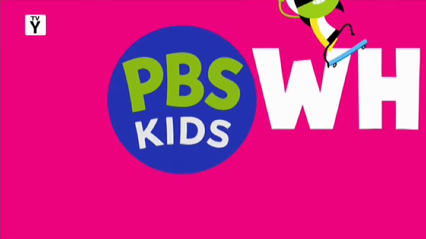 A cartoon character on a skateboard glides over the letters "WH." The PBS Kids logo sits to the left of the letters.