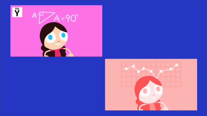 A cartoon girl with dark hair and blue eyes points at a right-angle triangle on a pink background. Beside her, another cartoon girl with red hair and wide eyes looks at a line graph against a pale pink grid.