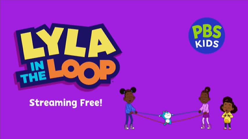 Three animated girls hold a blue creature suspended between them by colourful cords. The show's title, "LYLA IN THE LOOP," is emblazoned in bright yellow and orange letters. Three animated girls hold a blue creature suspended between them by colourful cords. The show's title, "LYLA IN THE LOOP," is emblazoned in bright yellow and orange letters.