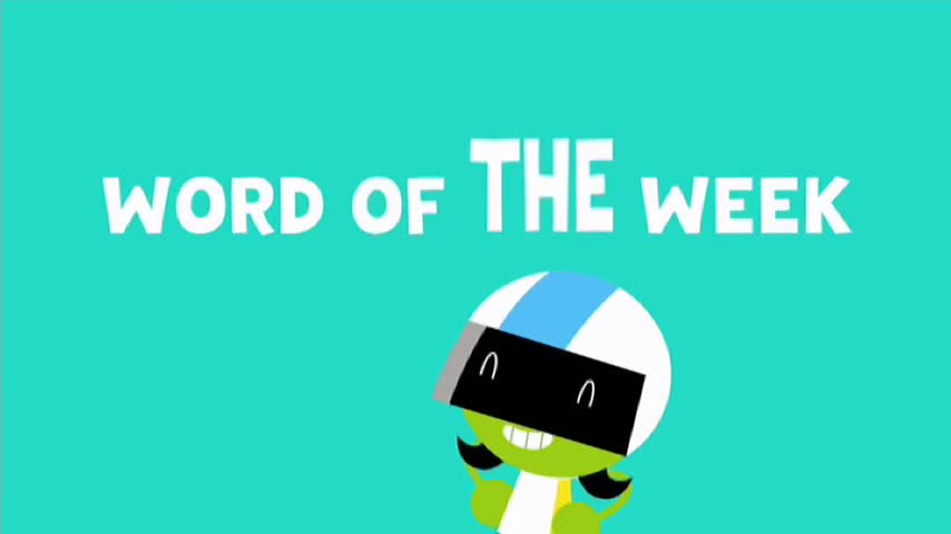 A cartoon character with a helmet grins widely. White text reads "WORD OF THE WEEK" against a bright teal background. A cartoon character with a helmet grins widely. White text reads "WORD OF THE WEEK" against a bright teal background.