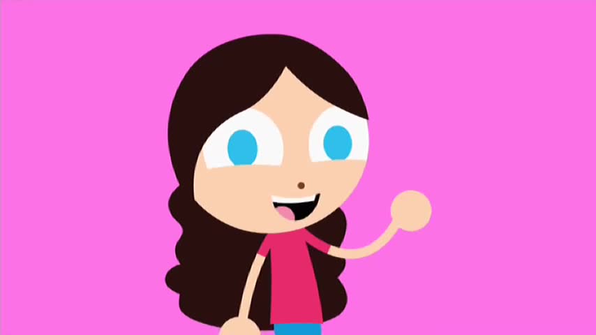 A cartoon girl with brown hair and bright blue eyes waves from the screen. She's wearing a pink shirt and blue shorts, her mouth open in a cheerful smile against a vibrant pink background. A cartoon girl with brown hair and bright blue eyes waves from the screen. She's wearing a pink shirt and blue shorts, her mouth open in a cheerful smile against a vibrant pink background.