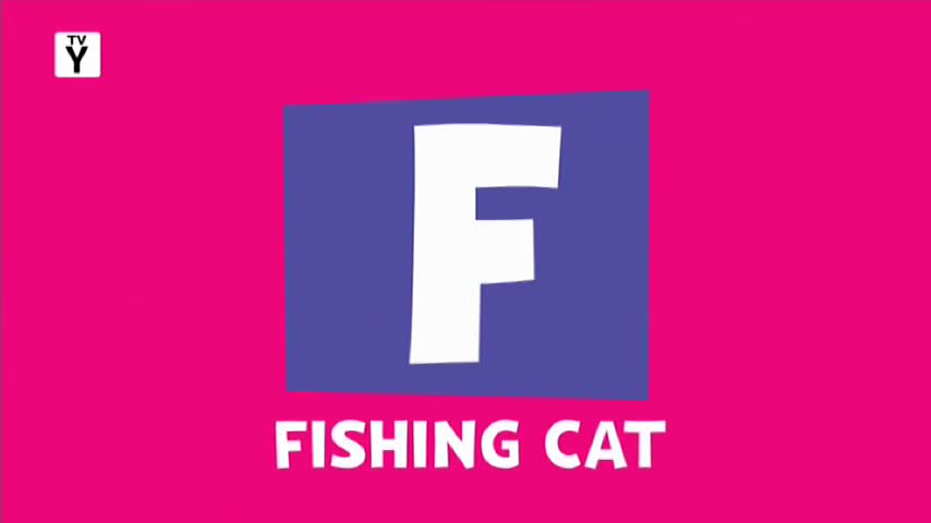 A large white "F" sits within a purple square. Below it, white letters spell out "FISHING CAT" against a bright pink background.