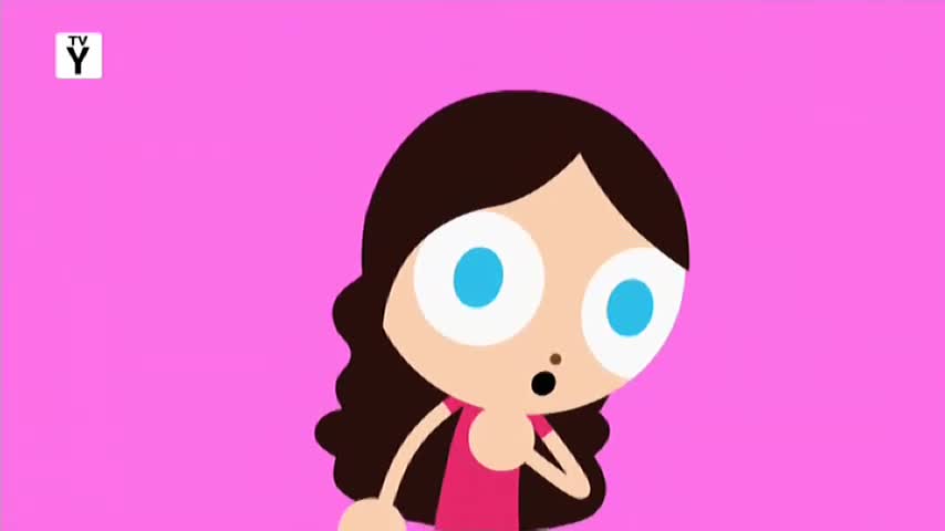 A girl with wide, blue eyes and dark, wavy hair peeks out from the side of the screen. She's wearing a pink top, and her mouth is slightly open in surprise.