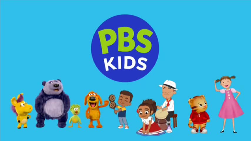 A yellow creature with purple hair stands next to a large purple bear and a small green bird. A brown dog with its mouth open grins, while two children play instruments and a boy in a hat taps a drum.