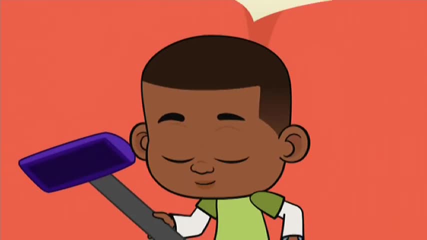 A young boy with closed eyes holds a purple and grey object close to his face. The bright orange background looks like a television screen, maybe from a show on 10 Bold.